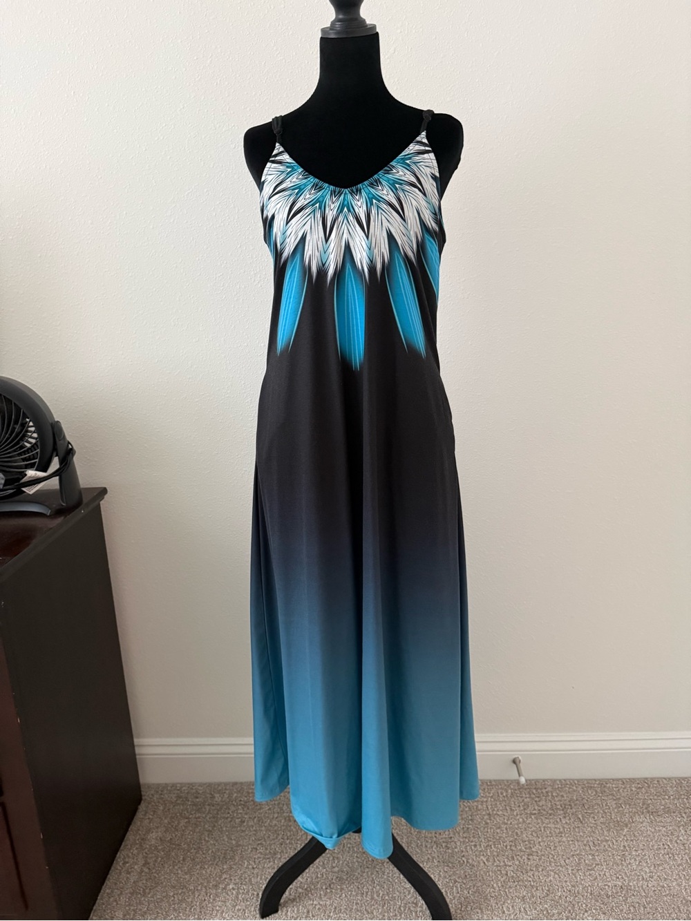 Black and Teal Ombre Maxi Dress with Feather-Print Yoke- Has pockets!!!
